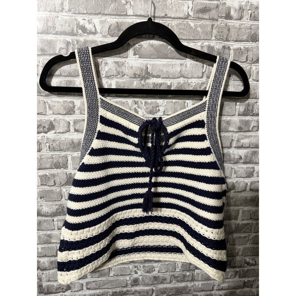 House of Harlow 1960 Navy White Striped Knit Crop Tank Top Tassel Tie Small NWT